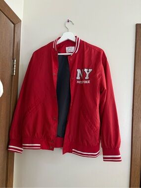 Zara Red and White Striped Bomber Jacket